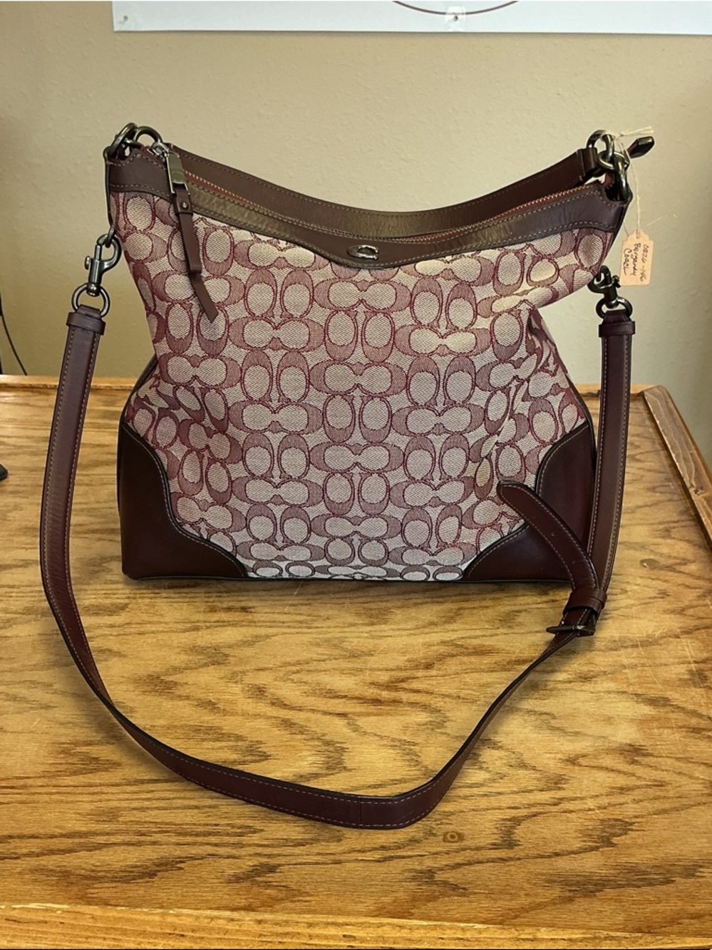 Coach Signature Canvas Shoulder Bag in Burgundy and Cream F34824